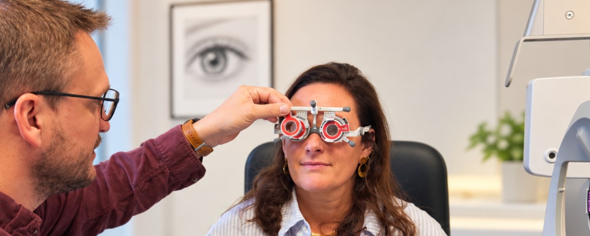un homme qui essaye des verres sur une lunette d'essaie optique à une femme 